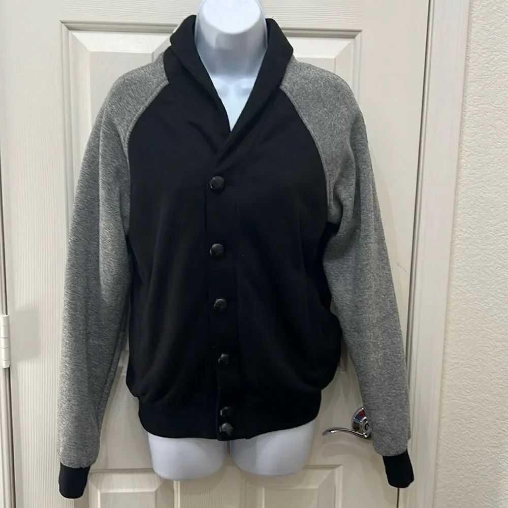 Zara Jacket Sz Medium 38 Bomber Varsity Black Gray Leather Button Long Sleeve